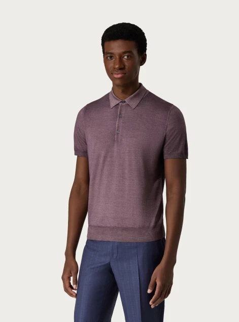 Mauve polo shirt in garment-dyed silk and wool