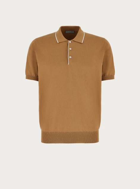 Cinnamon and white garment-dyed polo shirt in shaved cotton