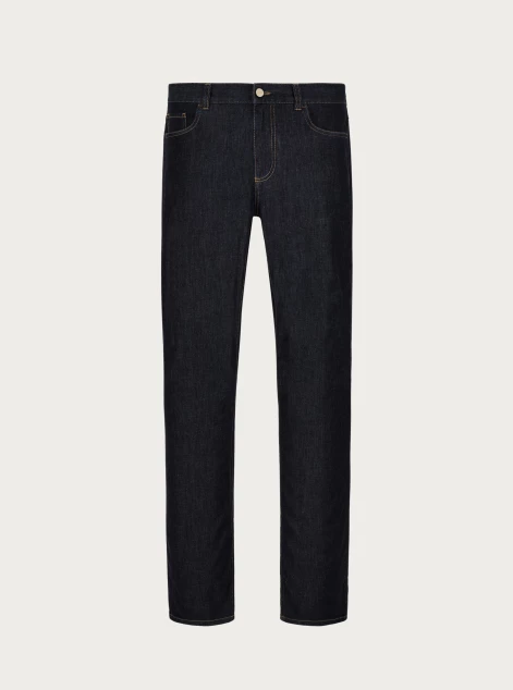 Five-pocket pants in cotton and silk denim with coloured labels