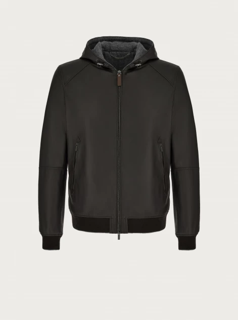 Hooded blouson in brown napa leather