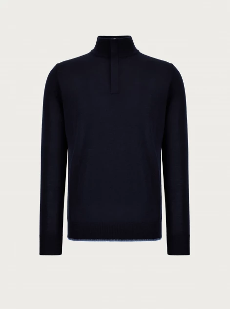 Navy blue and air force blue mock turtleneck in extra-fine merino wool