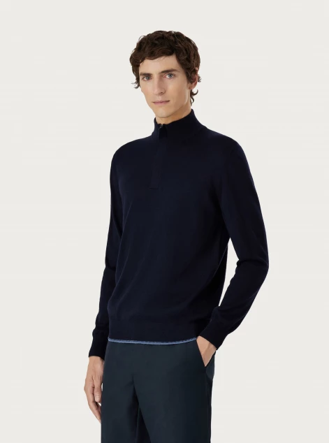 Navy blue and air force blue mock turtleneck in extra-fine merino wool