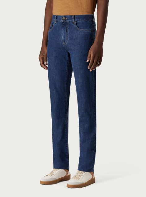 Five-pocket pants in cotton and silk denim with coloured labels