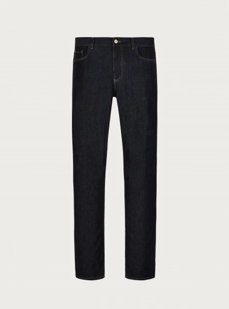 Five-pocket pants in cotton and silk denim with coloured labels