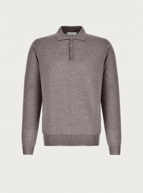 Beige merino wool long sleeve polo