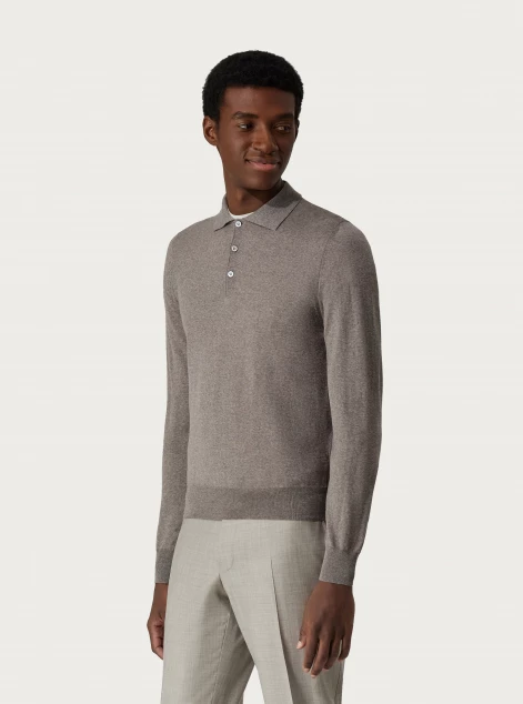 Beige merino wool long sleeve polo